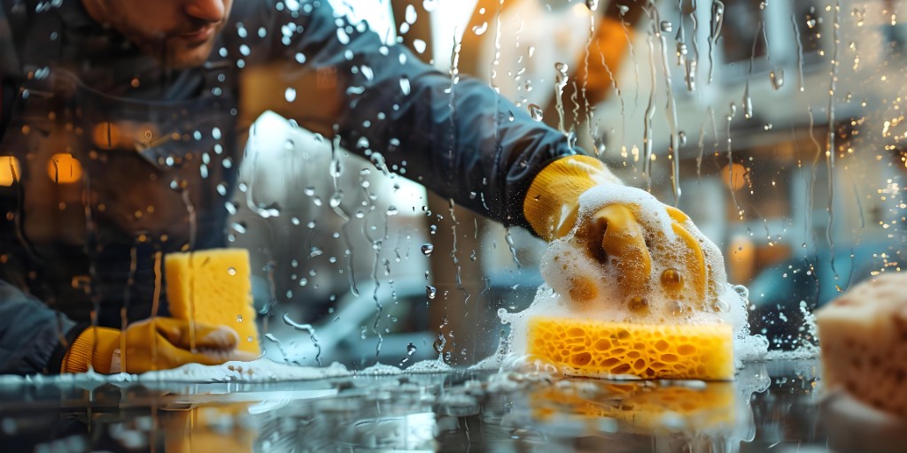 Gebäudereinigung: Glasreinigung mit Schaum und Wassertropfen