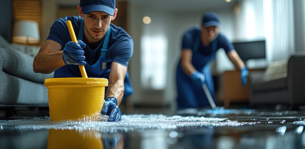 Grundreinigung: Team bei intensiver Bodenreinigung mit Schaum und Eimer in heller Büro- oder Wohnumgebung